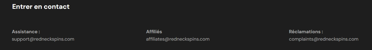 RedNeck Spins Casino section contact avec support et adresses e-mail