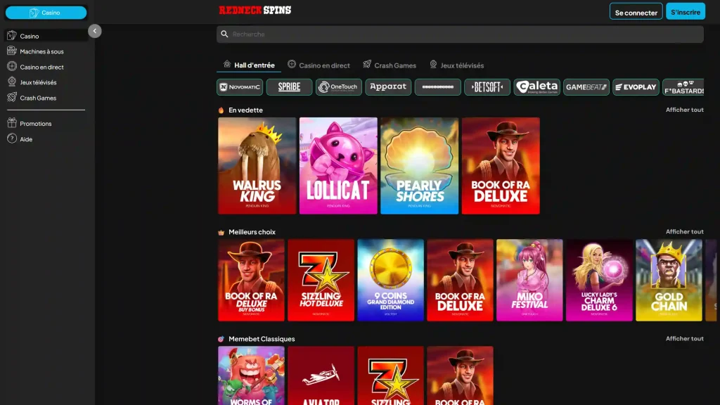 Redneckspins Casino page d’accueil avec lobby de jeux machines à sous et catégories